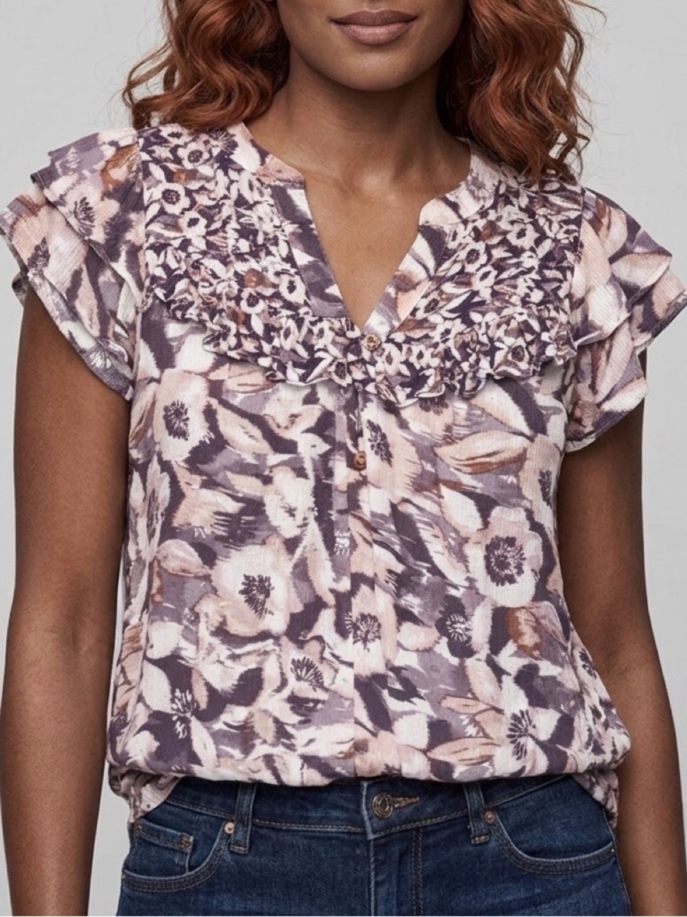 Democracy Mauve Peach Floral Print Ruffle Detail Short Flutter Sleeves SZ M